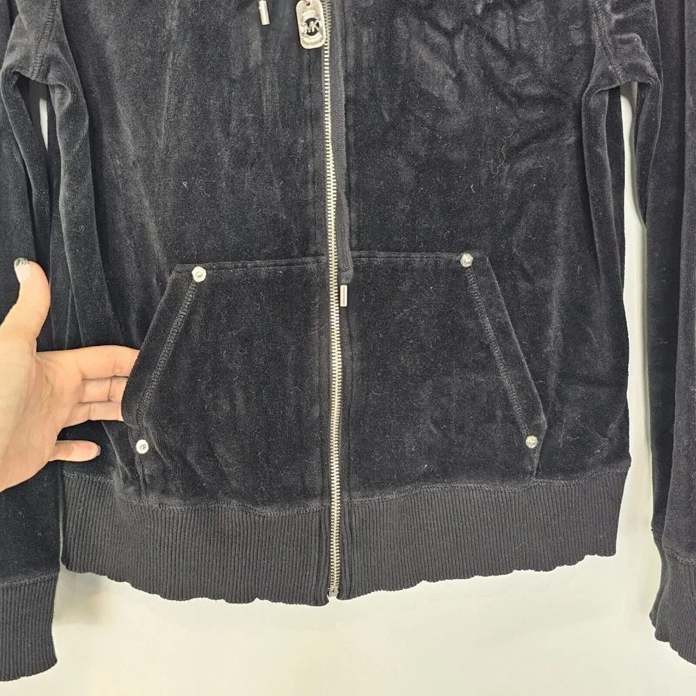 Michael Kors Womens Velour Zip Sweatshirt Jacket Size Medium Black Velvet